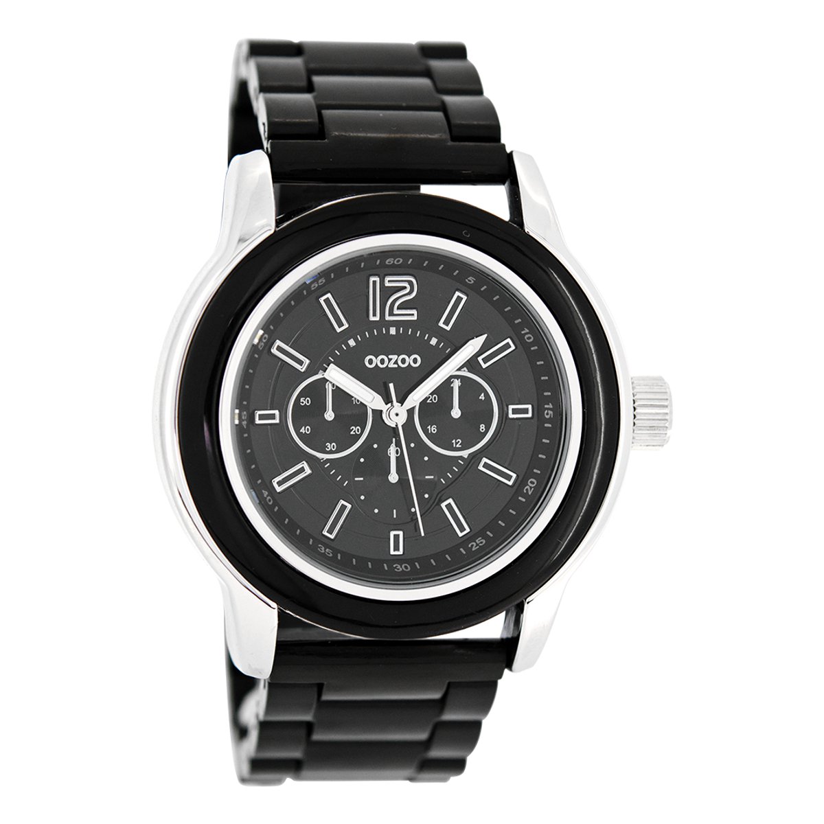 OOZOO Timepieces - Zilverkleurige horloge met zwarte kunststof horlogeband - C4944