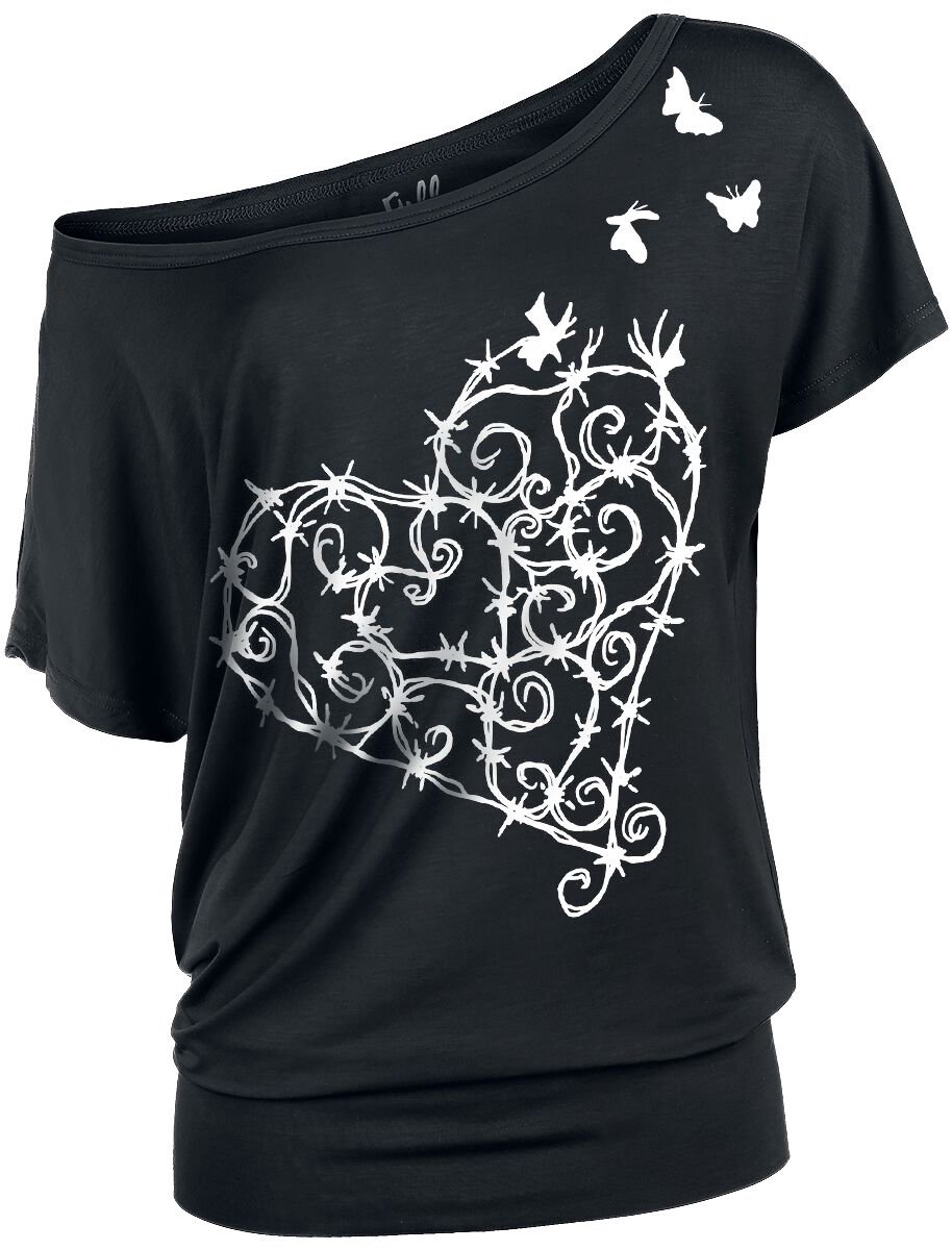 Full Volume Zwart t-shirt met hart van prikkeldraad - Dames - 4XL
