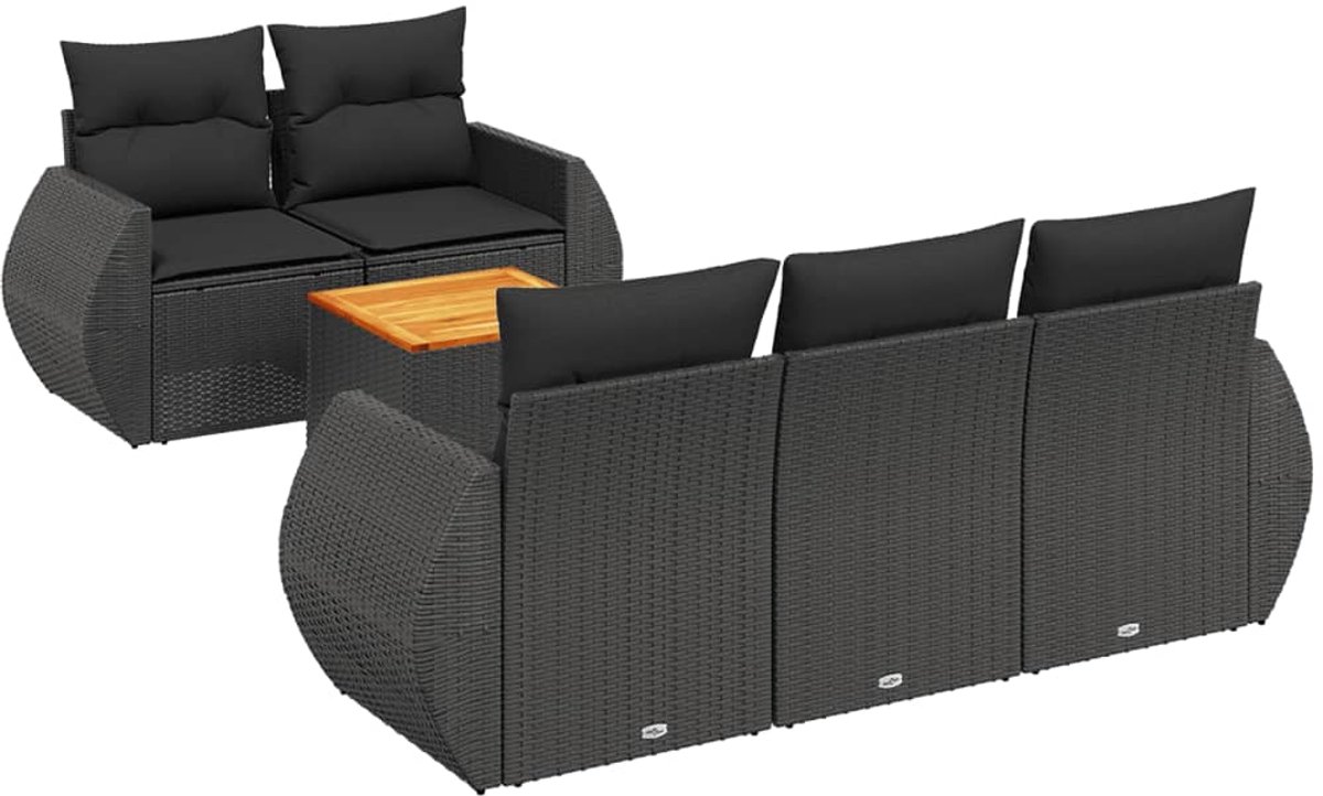 The Living Store 6-delige Loungeset met kussens poly rattan zwart - Loungebank - Lounge Set - Tuinbank - Buitendiner - Teak Meubel