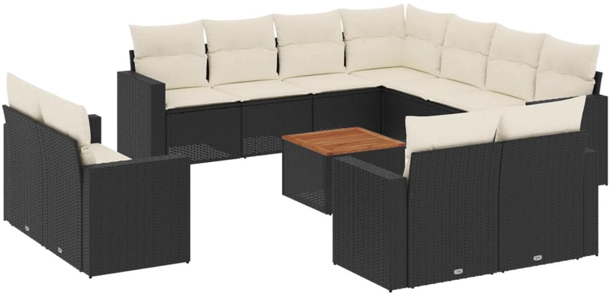 Zwarte poly rattan loungeset met kussens voor tuin en buitenruimtes.