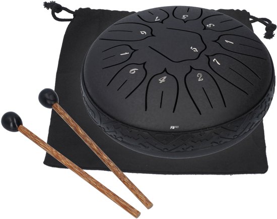 Handpan klankschaal - Medium tongue drum - Regen drum - Hemels muziek instrument, met 2 drumsticks! - 15 CM / 6 inch diameter - Mat zwart