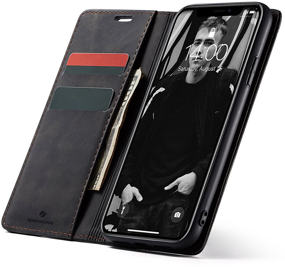 Spacecase Case Portefeuille Voor Iphone Xr Zwart Leer Voor Telefoon