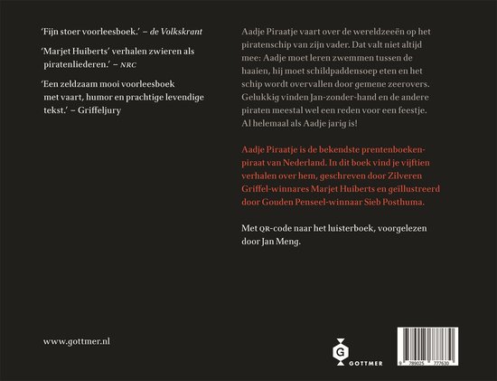 Achterflap van 'Aadje Piraatje - Een vat vol verhalen'. Met recensies, een samenvatting en QR-code.