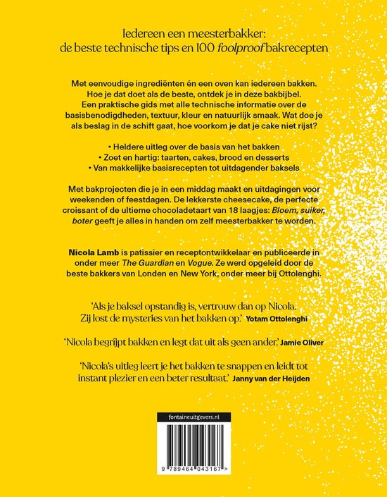 Boek met de titel 'Bloem, suiker, boter: De beste recepten'. Gedetailleerde tekst over bakken en recepten.