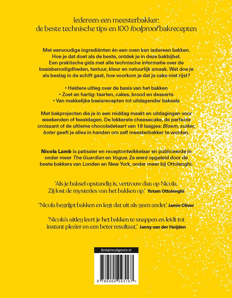 Boek met de titel 'Bloem, suiker, boter: De beste recepten'. Gedetailleerde tekst over bakken en recepten.