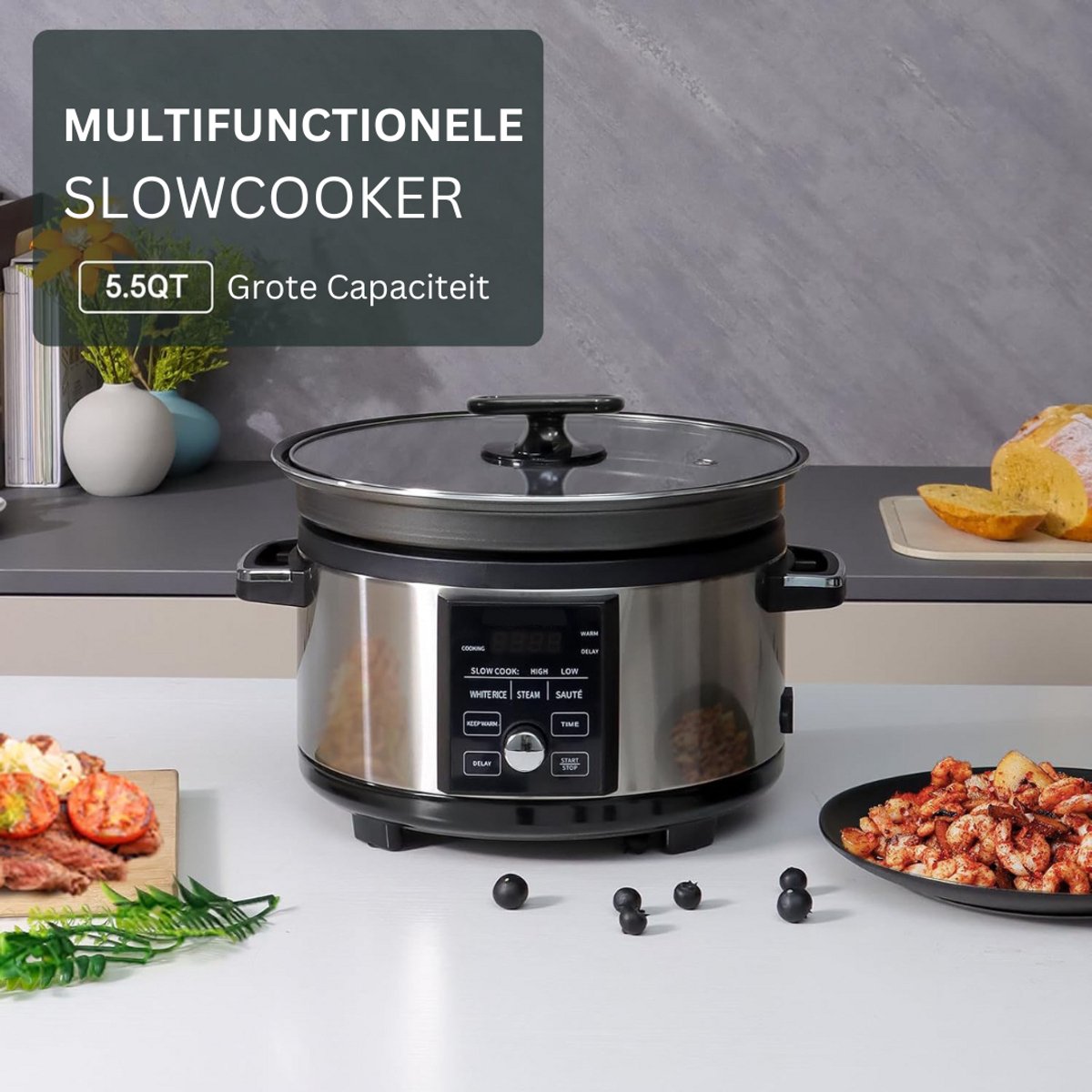 Afbeelding 2 van ApexArte® Slowcooker met Timer - Keramische Binnenpan - Hotpot - Zwart en Zilver