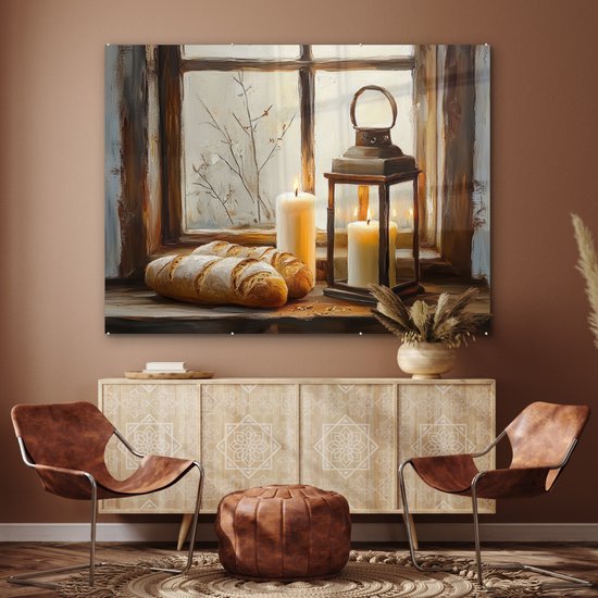 MuchoWow® Peinture sur verre 160x120 cm - Peinture sur verre acrylique - Nature morte - Rustique - Bougies - Pains - Fenêtre - Photo sur verre - Décoration murale salon - Décoration murale chambre - Peintures