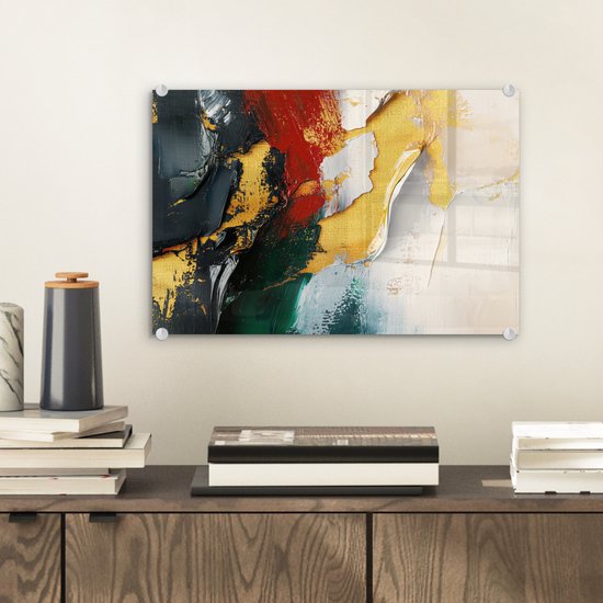 MuchoWow® Glasschilderij 30x20 cm - Schilderij acrylglas - Modern - Kerst - Abstract - Goud - Foto op glas - Muurdecoratie woonkamer - Wanddecoratie slaapkamer - Schilderijen