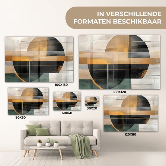 MuchoWow® Glasschilderij 120x80 cm - Schilderij acrylglas - Abstract - Goud - Brons - Groen - Vormen - Modern - Foto op glas - Muurdecoratie woonkamer - Wanddecoratie slaapkamer - Schilderijen