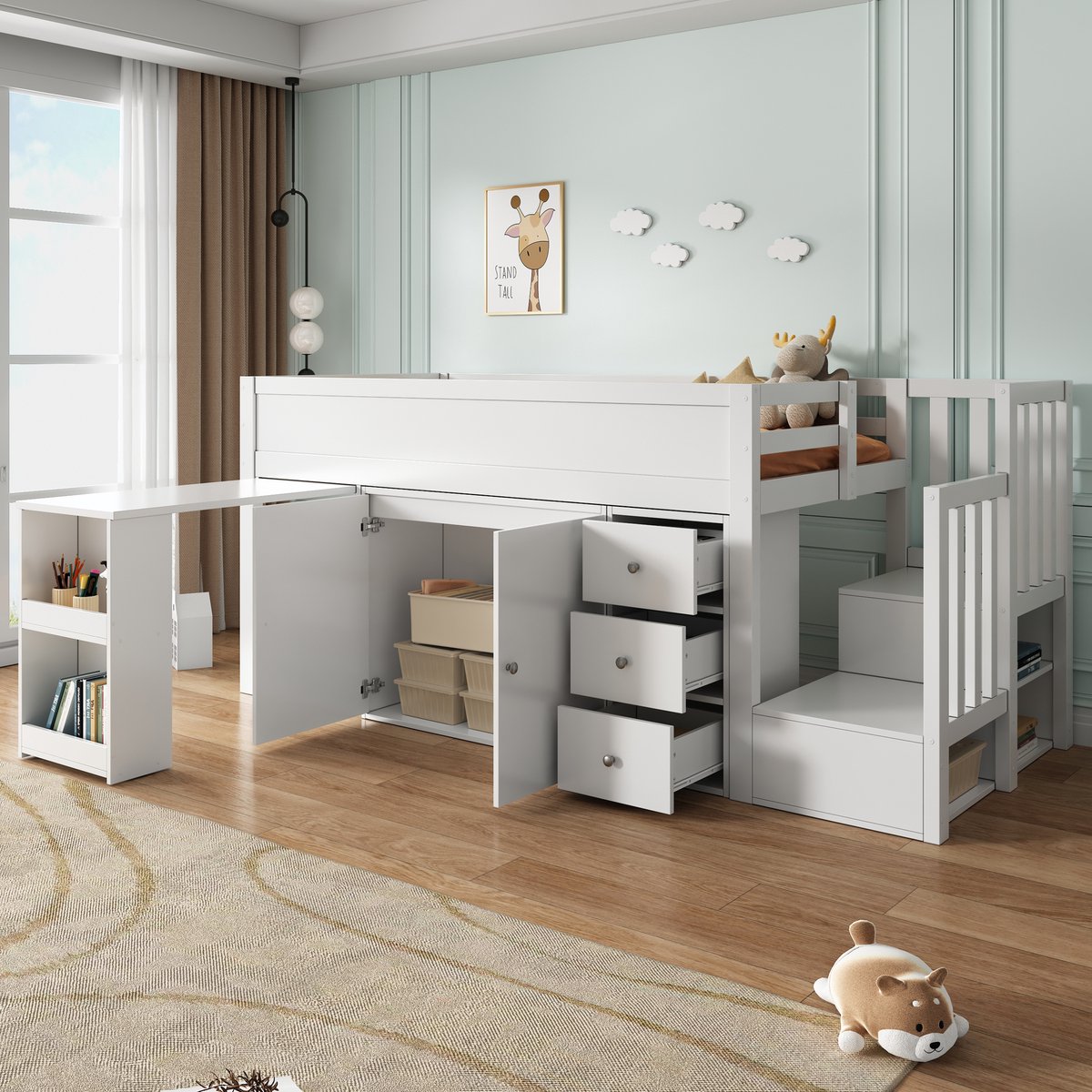 Sweiko Hoogslaper - 90*200cm - Uittrekbaar bureau + opbergvak + kleerkast + laden - Zonder matras - MDF - Wit