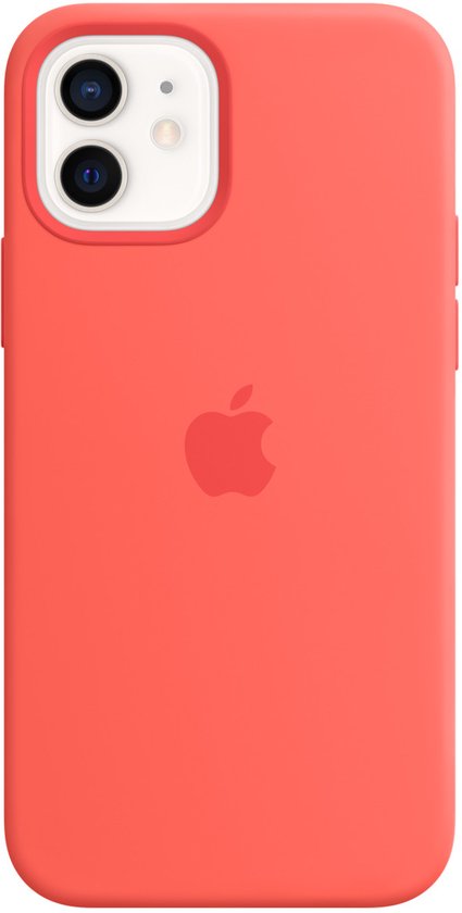 Koraalrode iPhone 12 hoesje van siliconen met Apple logo.