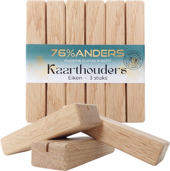 76%ANDERS Houten Kaarthouder Naturel Eiken (3 Stuks) | 100% Duurzaam Hout | Menukaarthouder, Foto Houder met Gleuf, Ansichtkaart, Tafelkaart