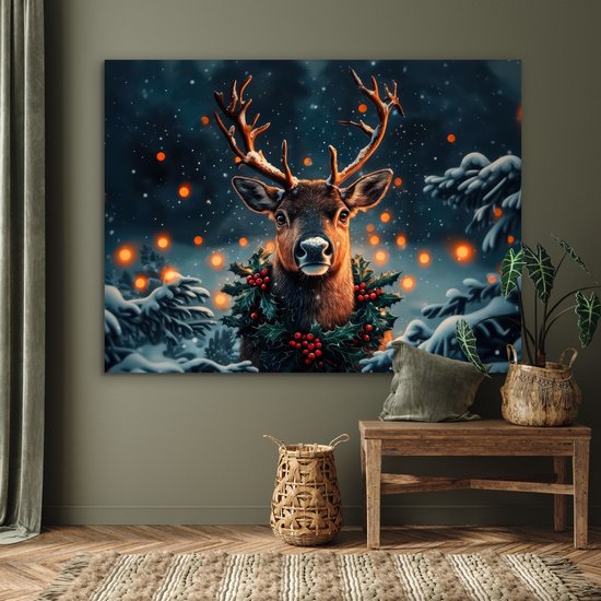 Tableau aluminium 160x120 cm - Décoration murale métal - Cerf - Noël - Hiver - Neige - Couronne de Noël - Décoration murale métal salon - Décoration industrielle - Photo sur dibond - Accessoires industriels chambre