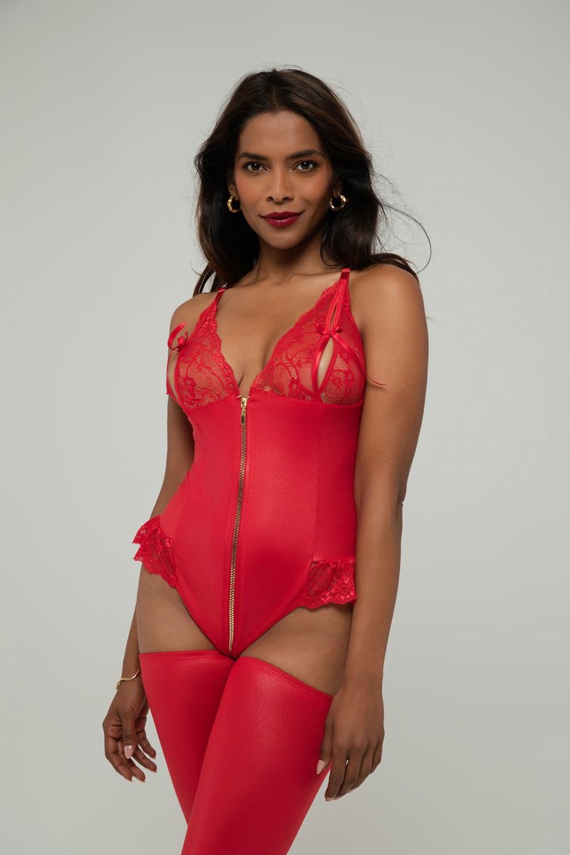 Goedkoopste Christine le Duc - Wetlook Body met Open Kruis - Lingerie Erotisch - Christelle - Rood