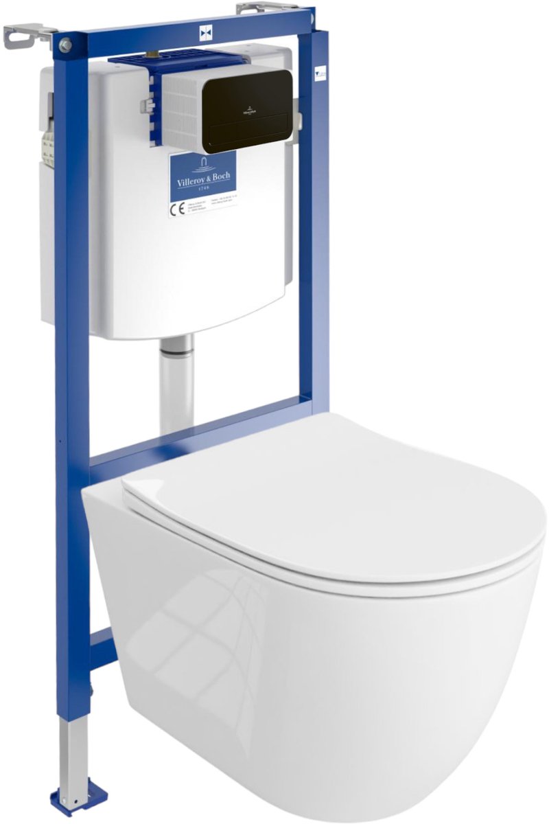 Villeroy&Boch Inbouwreservoir Complete Toiletset ViConnect H112 - Inbouw WC Hangtoilet Wandcloset SINTO GRANDE - Bedieningsplaat Zwart - Voorwandelement voor toilet - Installatiesysteem