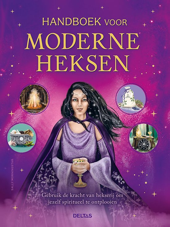 Boekomslag met een vrouw in paarse gewaad, een kampvuur, bessen, kristallen en een kampvuur. Titel: Handboek voor moderne heksen.