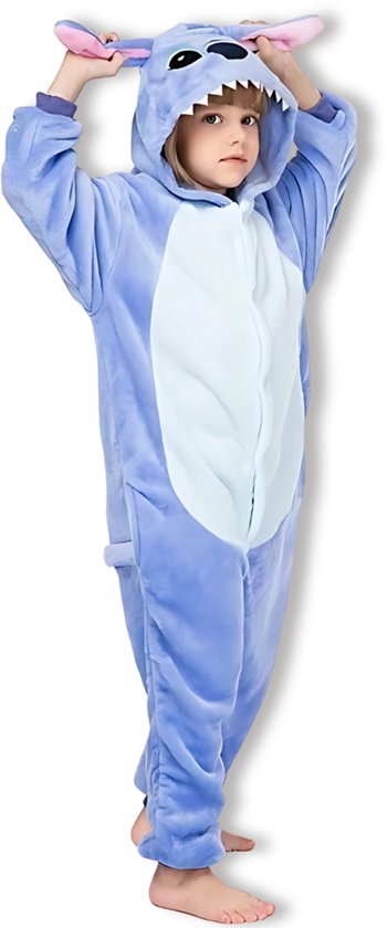 BoefieBoef Kinder Onesie Stitch – Peuter & Kleuter Pyjama 2-5 Jaar – Fluffy Dieren Verkleedpak – Warme Flanel Jumpsuit met Capuchon – Knuffelpak & Huispak – Zwemles – Carnaval, Halloween & Sinterklaas Cadeau – Jongens & Meisjes 95-110 cm - Blauw