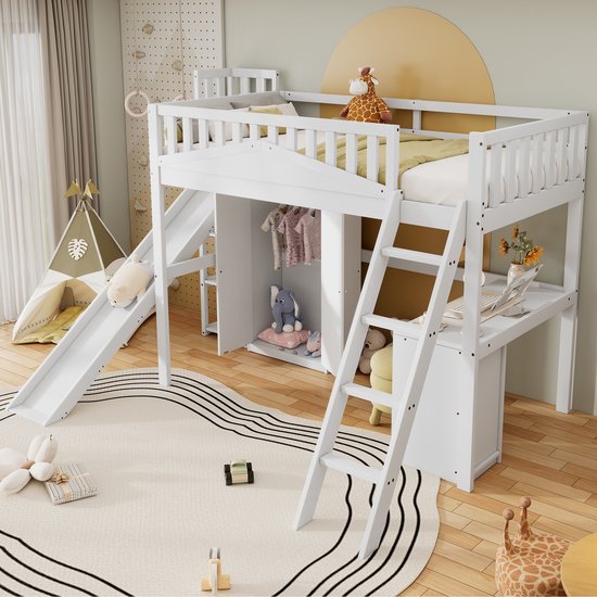 Lit mezzanine Sweiko - 90x200 cm - avec table + armoire + toboggan - Pin + MDF - Wit