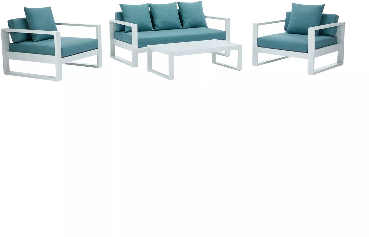 Aluminium tuinset met witte bank, blauwe kussens en salontafel - MOLOKAI van MYLIA