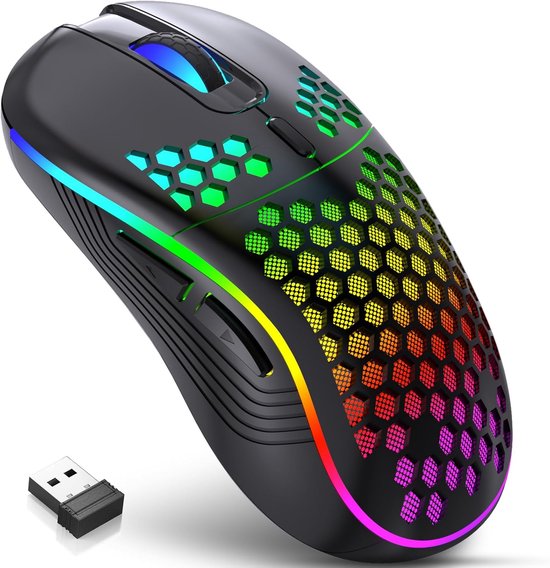 StayPowered Draadloze Gaming Muis - Ultralicht & Oplaadbaar - Ergonomisch Honingraat Design - RGB Verlichting - Instelbare DPI - 2.4G Stabiele Verbinding - USB-C Oplaadbaar - Zwart - Levering Sneller dan Aangegeven!