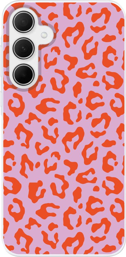 Étui de téléphone avec imprimé léopard rouge et violet.