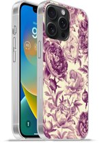Telefoonhoesje Geschikt voor iPhone 15 Pro Max hoesje - Bloemen - Patroon - Paars - Beige - Siliconen Telefoonhoesje Telefoonhoesje