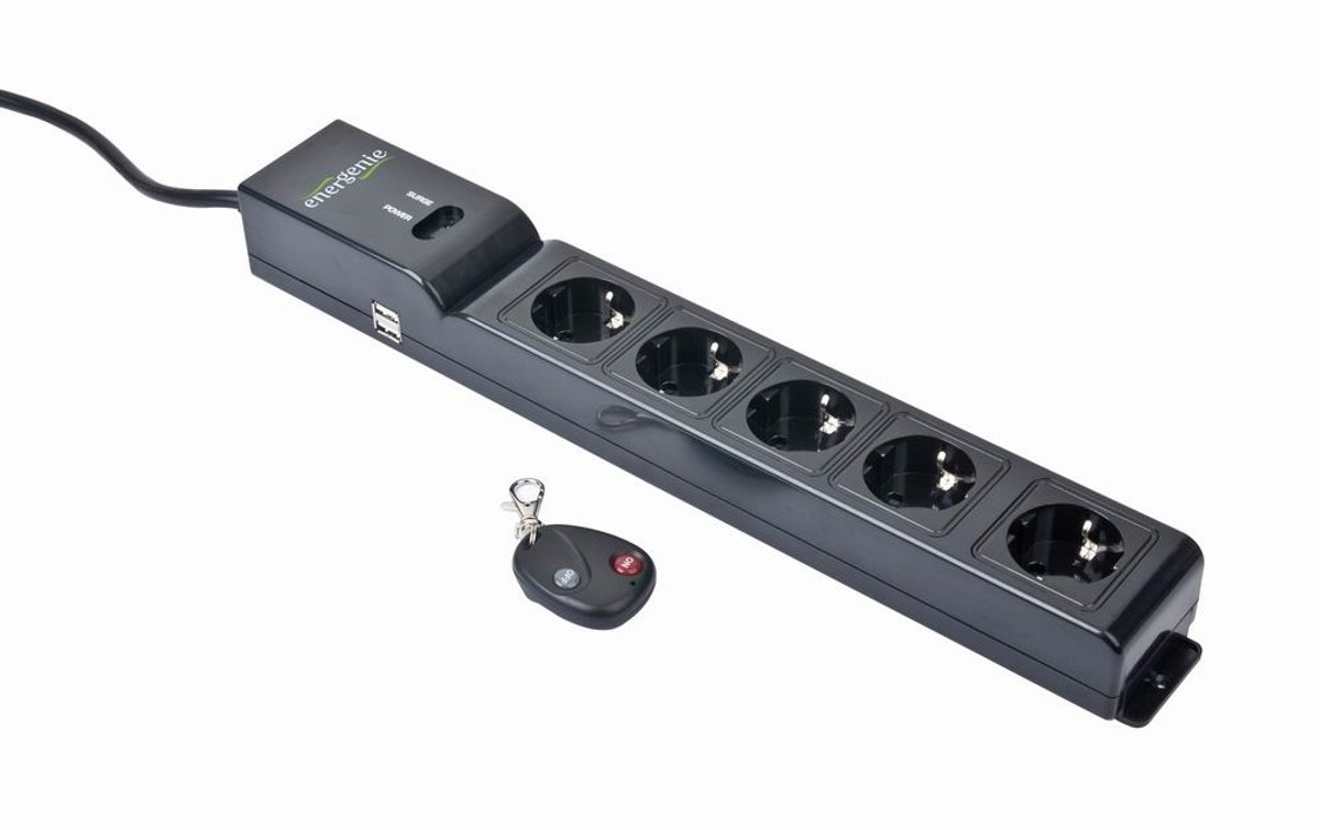 EnerGie Stekkerdoos overspanningsbeveiliging 16 A - 6 voudig - Stekkerdoos met USB 2x - Afstandsbediening - Verdeelstekker met randaarde - Verlengsnoer met stekkerdoos - Verlengkabel - EG-SP5-U6B-RM