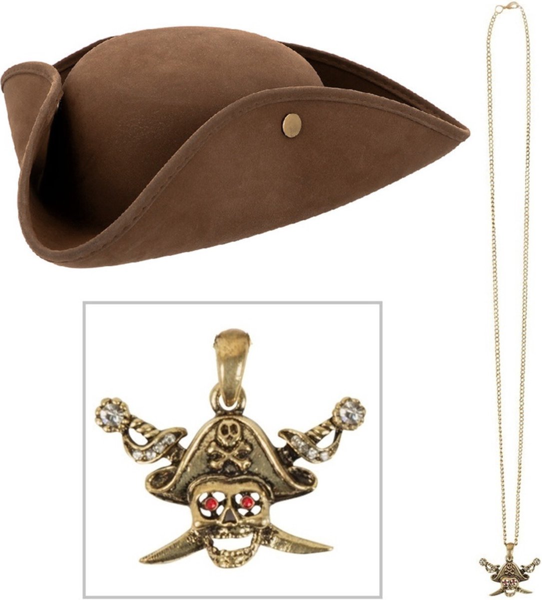 Boland Verkleedkleding set piratenhoed - bruin - met gouden piraten thema ketting - Piraten feest accessiores - dames/heren