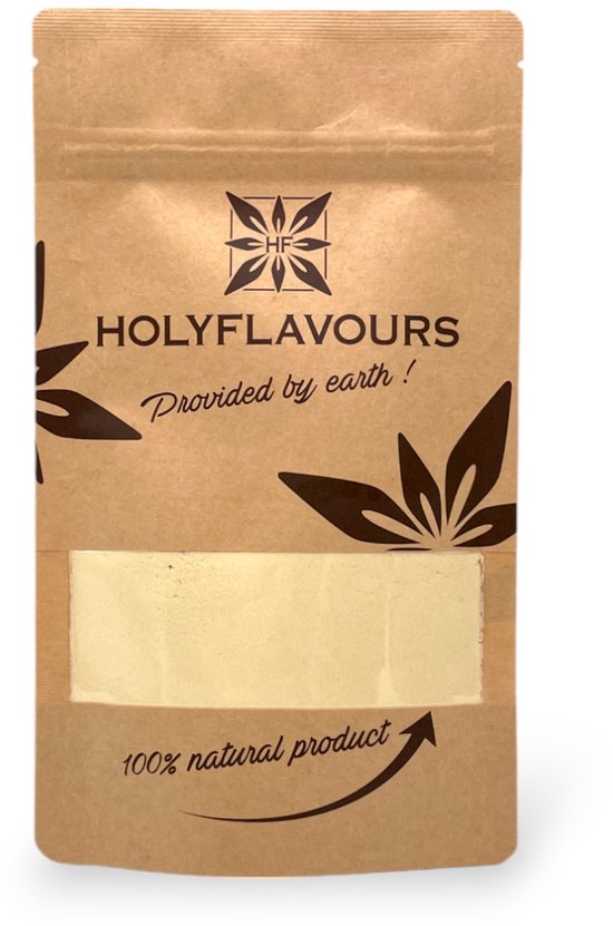 Bruine zak met havermoutpoeder van Holyflavours. Een kijkvenster laat de gele poeder zien.