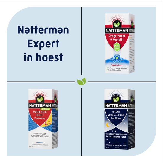 Collage met vier producten van Natterman. Linksboven: Natterman Expert in hoest. Rechtsboven: Natterman Droge hoest & keelpijn 2in1 siroop. Linksonder: Natterman voor alle hoest Kinder siroop. Rechtsonder: Natterman Nacht voor alle hoest hoestdrank.