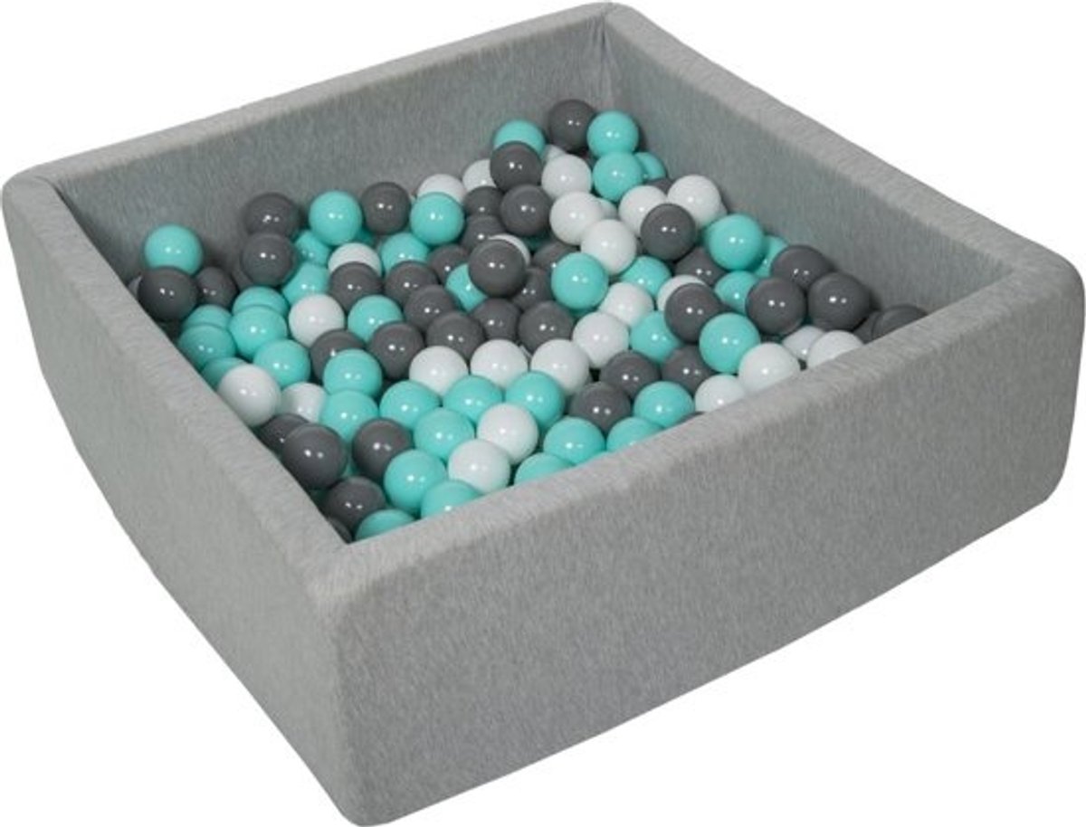 Ballenbak vierkant - grijs - 90x90x30 cm - met 300 wit, grijs en turquoise ballen - Inclusief opbergzak