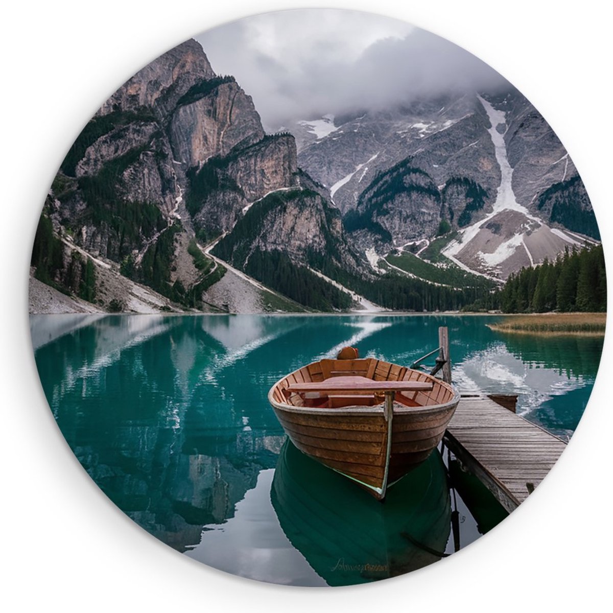 Saammp Forex Muurcirkel - Boot in de dolomieten - Landschap - Natuur - Ø 80 - Wandcirkel - Wanddecoratie Cirkel - Muurdecoratie Woonkamer - Slaapkamer decoratie - Rond Schilderij
