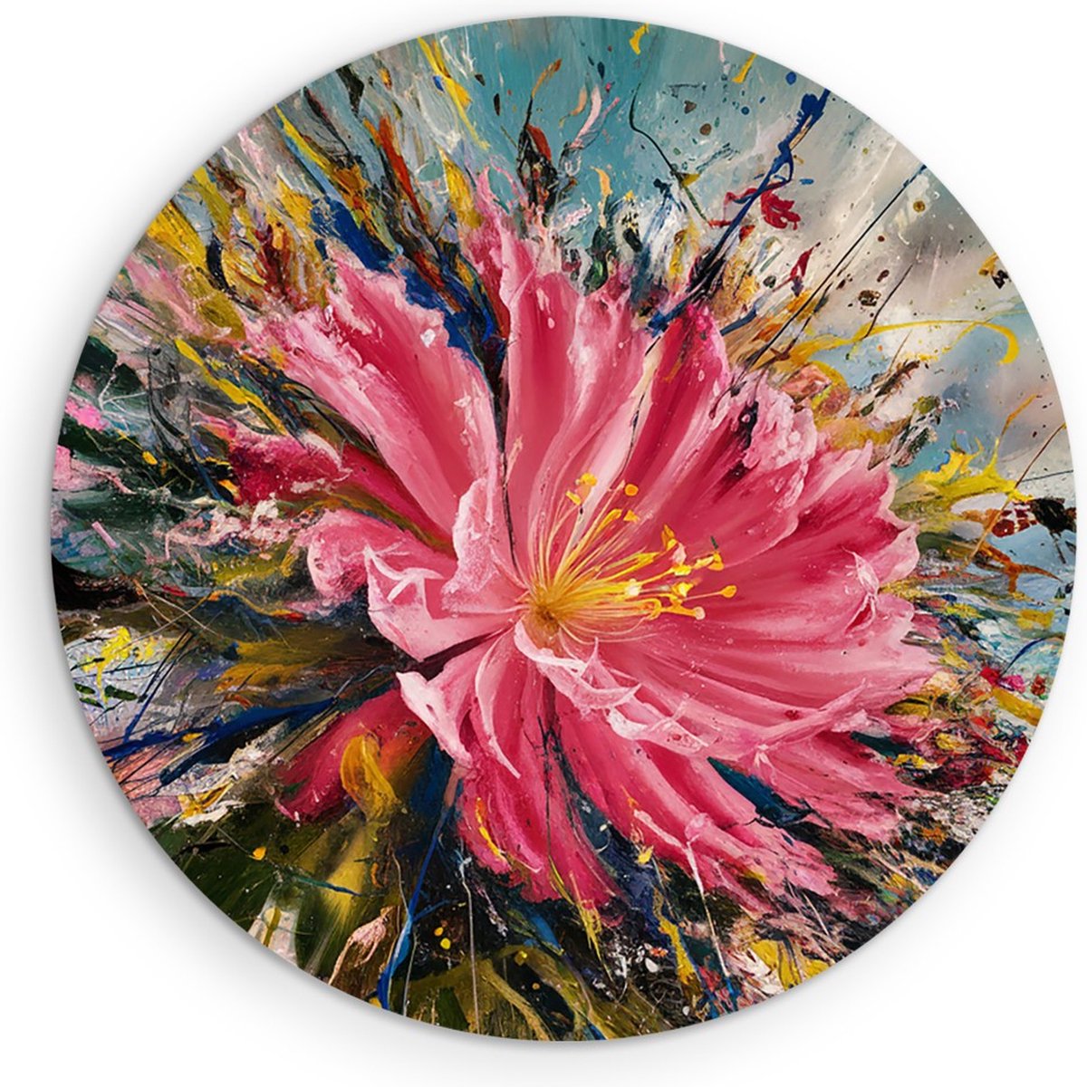Saammp Muurcirkel Hout - Roze Bloem met verfspetters - Abstract - Ø 70 - Wandcirkel - Wanddecoratie Cirkel - Muurdecoratie Woonkamer - Kantoor Decoratie