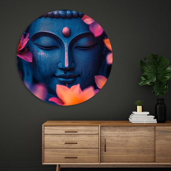Saammp Muurcirkel Hout - Boeddha tussen de bloemen - Ø 70 - Wandcirkel - Wanddecoratie Cirkel - Muurdecoratie Woonkamer - Muurcirkel Houten