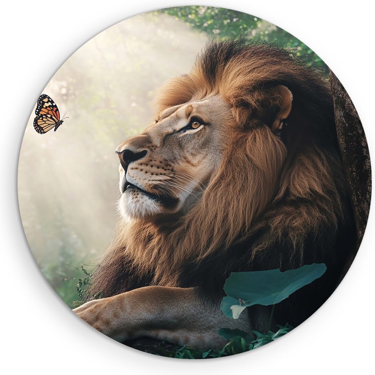 Saammp Muurcirkel Hout - Leeuw met Vlinder - Landschap - Natuur - Ø 70 - Wandcirkel - Wanddecoratie Cirkel - Muurdecoratie Woonkamer - Slaapkamer decoratie - Rond Schilderij