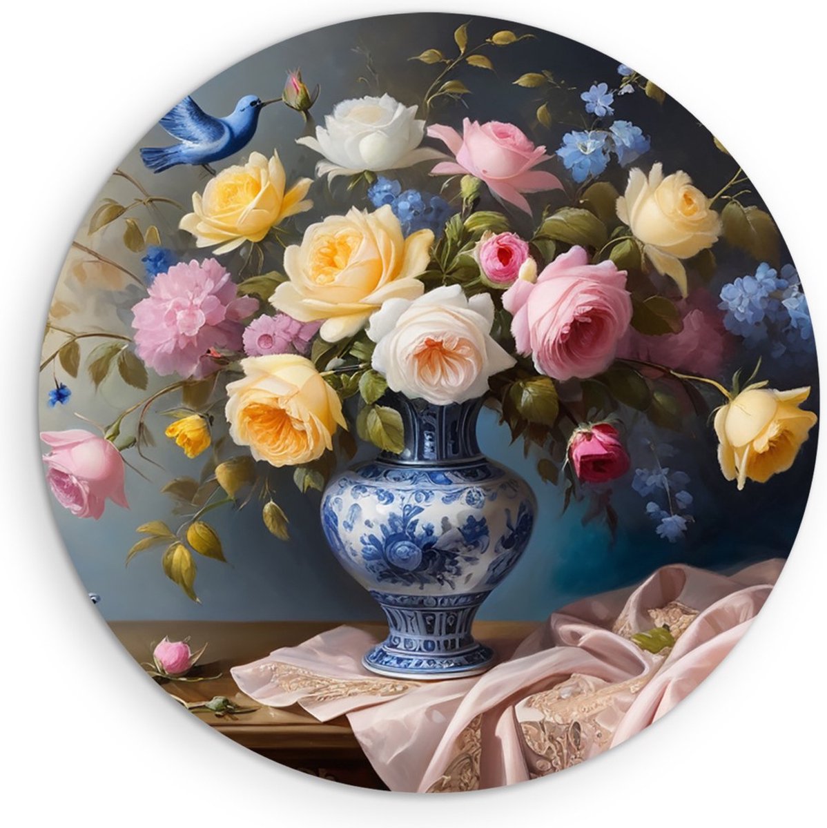 Saammp Forex Muurcirkel - Bloemen Boeket in Blauwe Vaas - Natuur - Abstract - Ø 90 - Wandcirkel - Wanddecoratie Cirkel - Muurdecoratie Woonkamer - Kantoor Decoratie