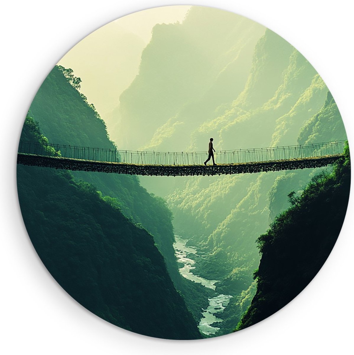Saammp Muurcirkel Hout - Touwbrug met persoon - Landschap - Natuur - Ø 30 - Wandcirkel - Wanddecoratie Cirkel - Muurdecoratie Woonkamer - Slaapkamer decoratie - Rond Schilderij