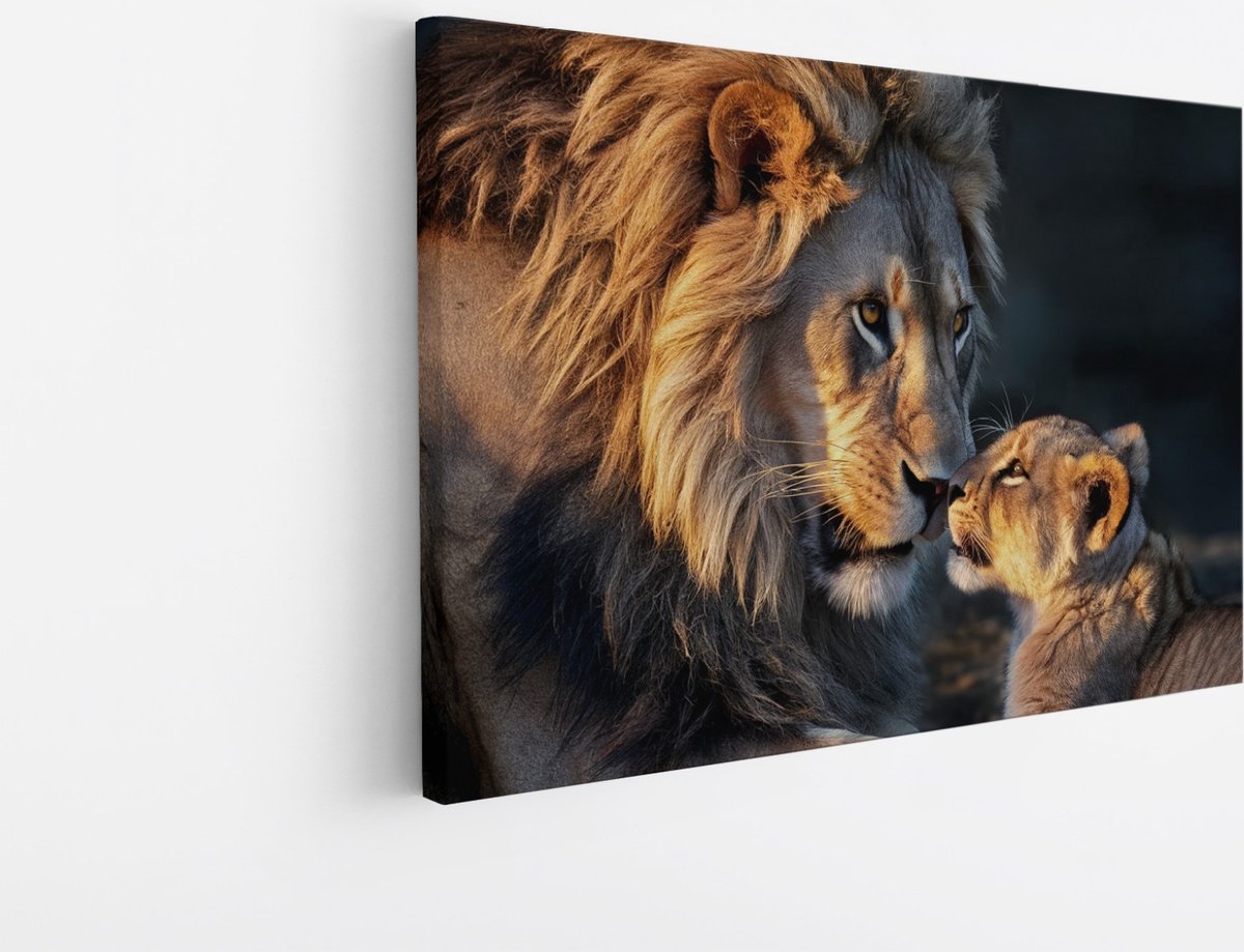 Saammp Canvas Schilderij - Leeuw met welp - Liefdevol - Dieren - Natuur - 30x20 - Foto op canvas - Wanddecoratie - Muurdecoratie Woonkamer - Slaapkamer decoratie - Canvas Print Multicolor