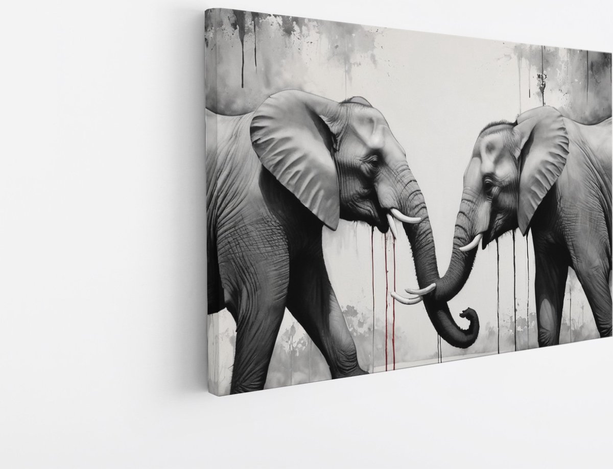 Saammp Canvas Schilderij - 2 Olifanten - Zwart-Wit - Dieren - 150x100 - Foto op canvas - Wanddecoratie - Muurdecoratie Woonkamer - Slaapkamer decoratie - Canvas Print Multicolor