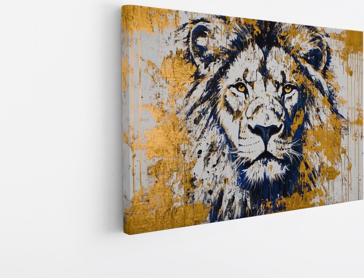 Saammp Canvas Schilderij - Leeuw - Goud - Dieren - Abstract - 100x75 - Foto op canvas - Wanddecoratie - Muurdecoratie Woonkamer - Slaapkamer decoratie - Canvas Print Multicolor