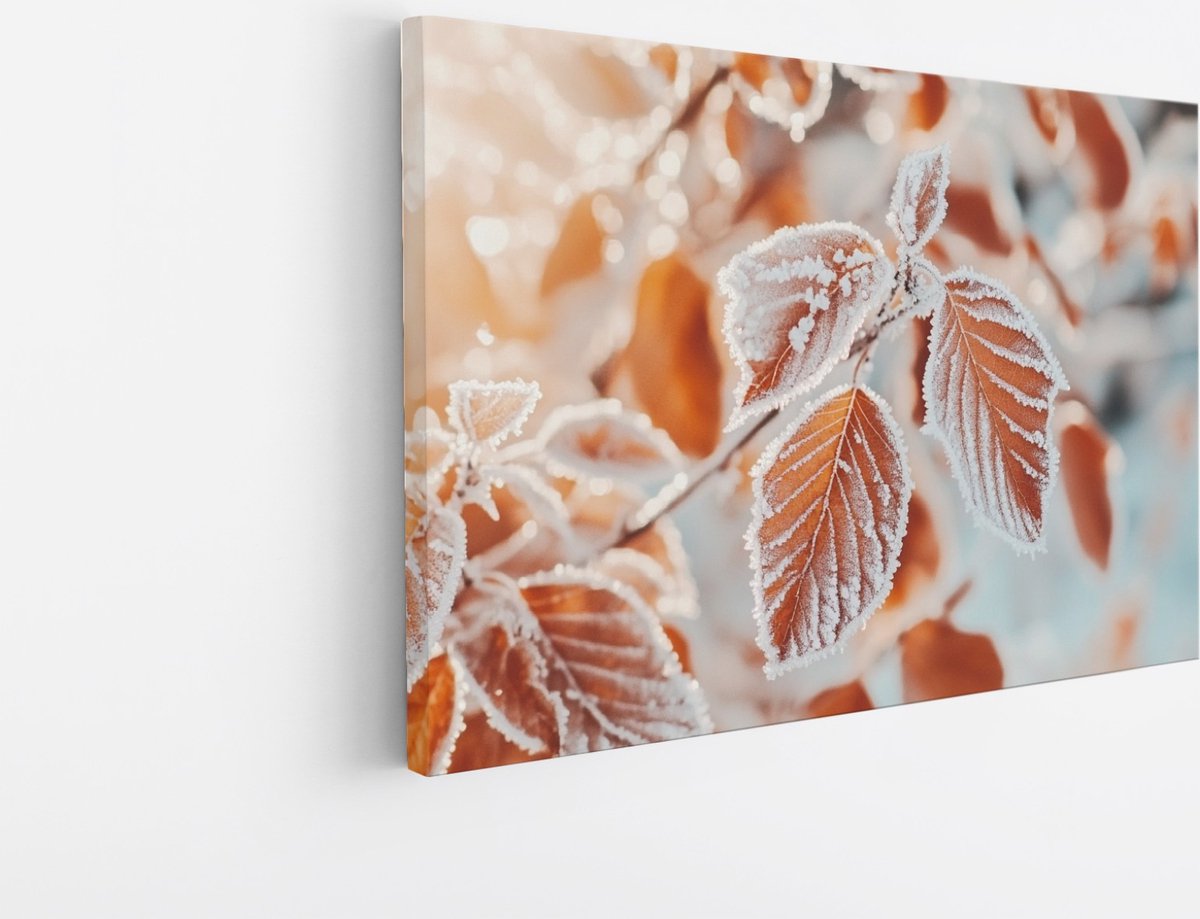 Saammp Canvas Schilderij - Herfstbladeren met Rijp - Natuurlijk - Foto op canvas - Wanddecoratie - Muurdecoratie Woonkamer - Modern Interieur - 120x80 Multicolor
