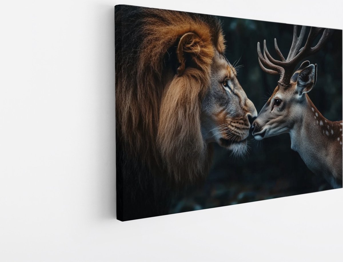 Saammp Canvas Schilderij - Hert met Leeuw - Natuur - Dieren - 50x40 - Foto op canvas - Wanddecoratie - Muurdecoratie Woonkamer - Slaapkamer decoratie - Canvas Print Multicolor