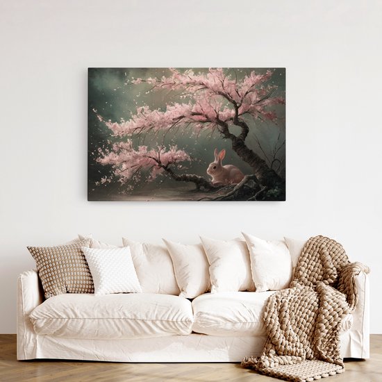 Saammp Canvas Schilderij - Haas bij roze boom - Landschap - Natuur - 150x100 - Foto op canvas - Wanddecoratie - Muurdecoratie Woonkamer - Slaapkamer decoratie - Canvas Print