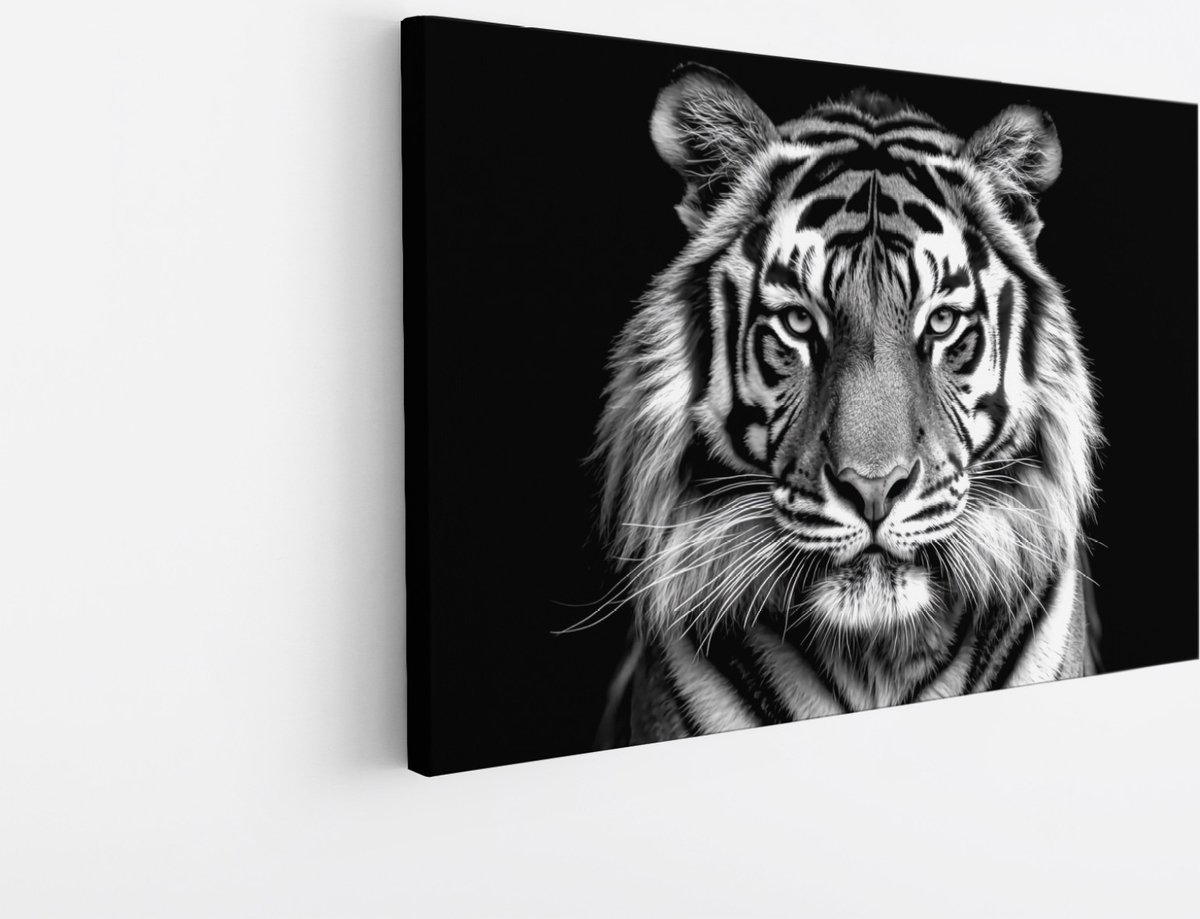 Saammp Canvas Schilderij - Tijger - Zwart-Wit - Portret - Natuur - Dieren - 120x80 - Foto op canvas - Wanddecoratie - muurdecoratie Woonkamer - Slaapkamer decoratie - Canvas Print Multicolor