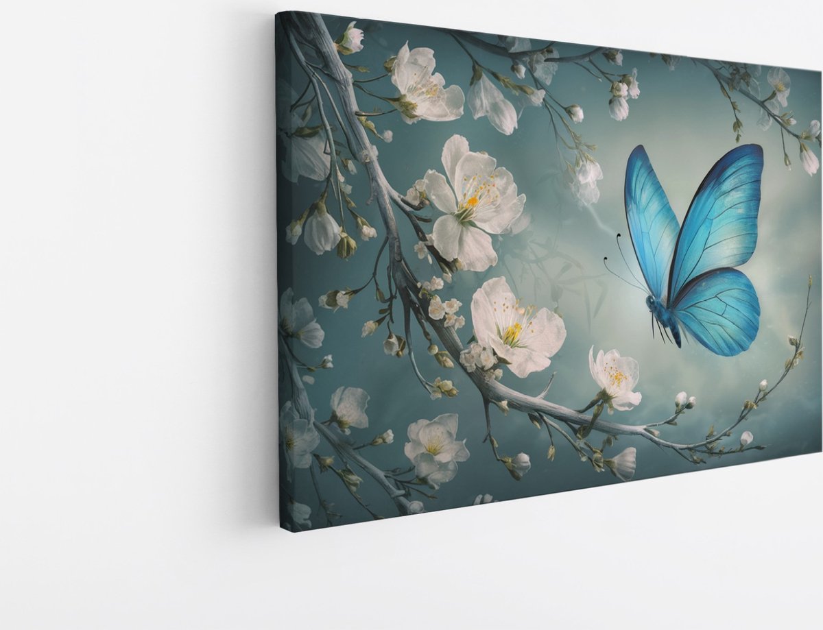 Saammp Canvas Schilderij - Elegante Vlinder - Abstract met Bloesemtakken - 45x30 - Foto op canvas - Wanddecoratie - Muurdecoratie Woonkamer - Kantoor Decoratie Multicolor
