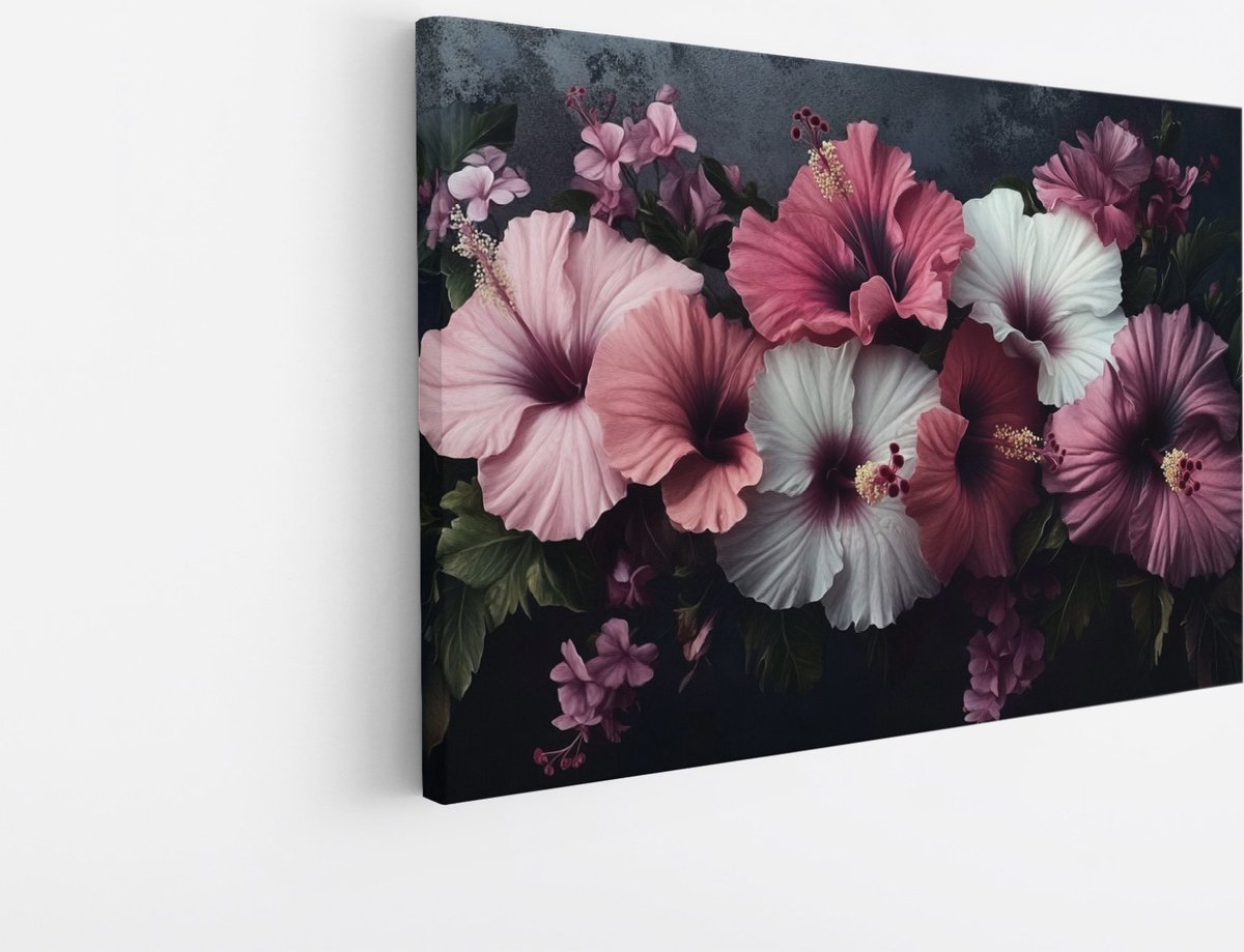 Saammp Canvas Schilderij - Tropische Hibiscus in Pastel Tinten - Bloemen - Natuur - 45x30 - Foto op canvas - Wanddecoratie - Luxe Muurdecoratie Woonkamer Multicolor