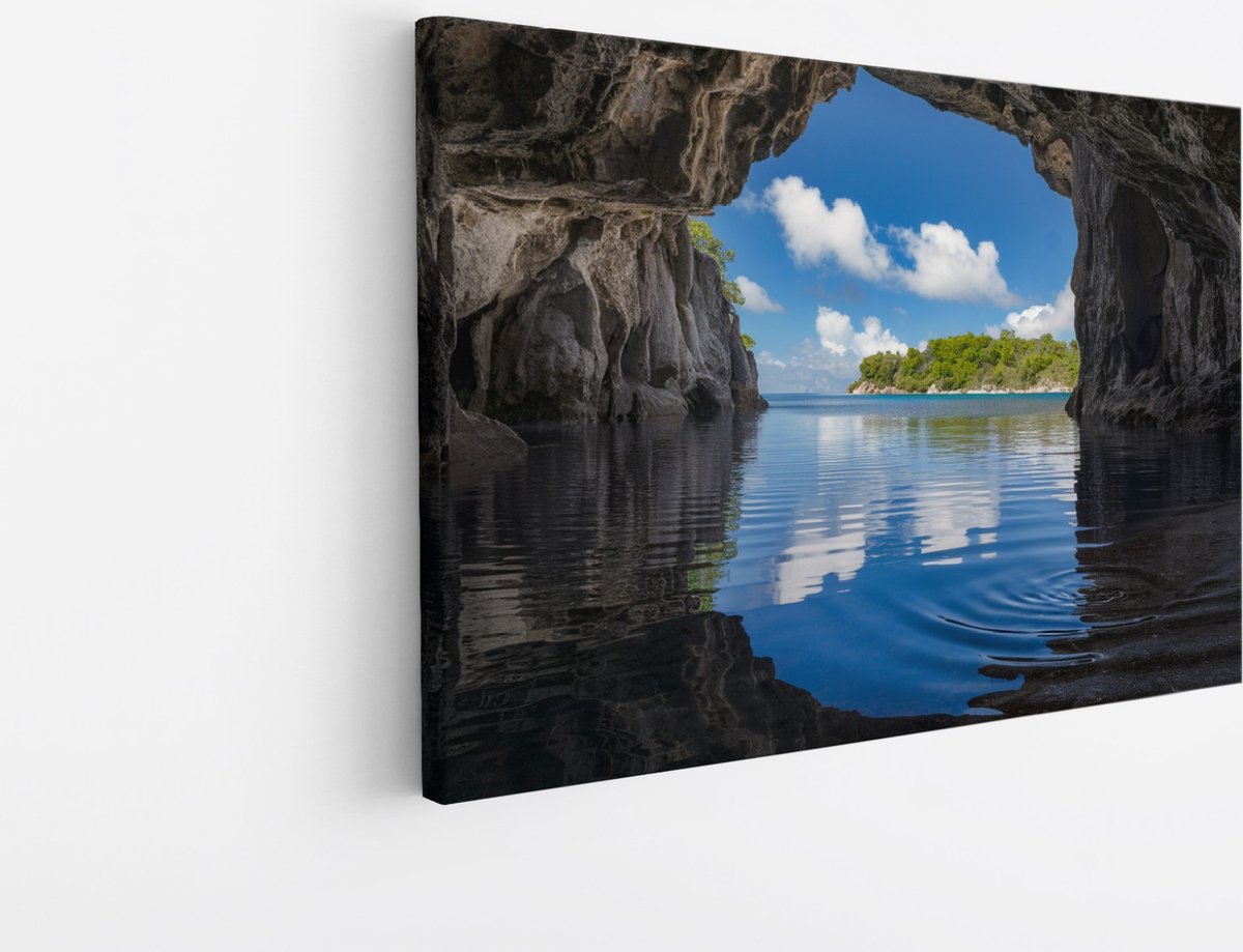Saammp Canvas Schilderij - Uitzicht vanuit een grot - Landschap - Natuur - 90x60 - Foto op canvas - Wanddecoratie - Muurdecoratie Woonkamer - Slaapkamer decoratie - Canvas Print Multicolor