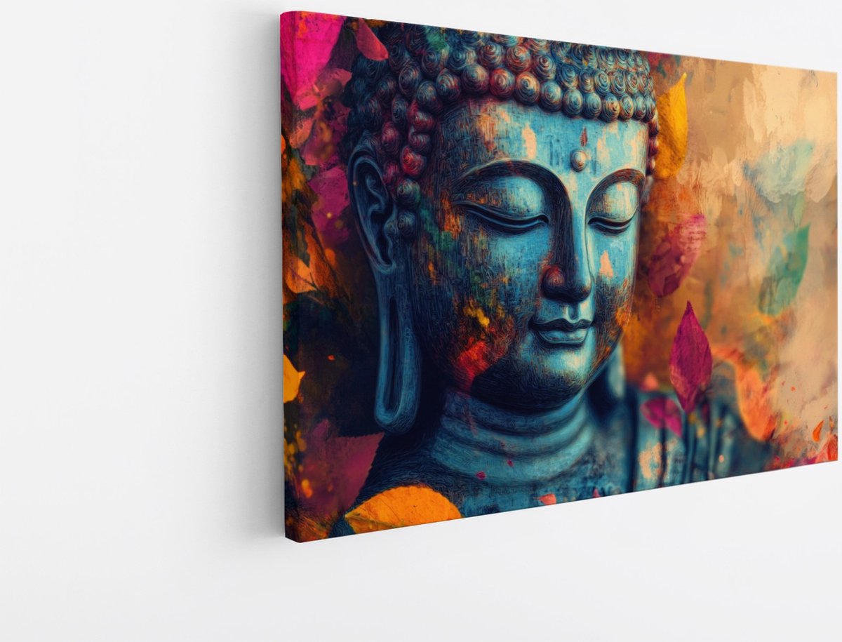 Saammp Canvas Schilderij - Boeddha met herfst bladeren - Natuur - 90x60 - Foto op canvas - Wanddecoratie - Muurdecoratie Woonkamer - Canvas schilderijen Multicolor