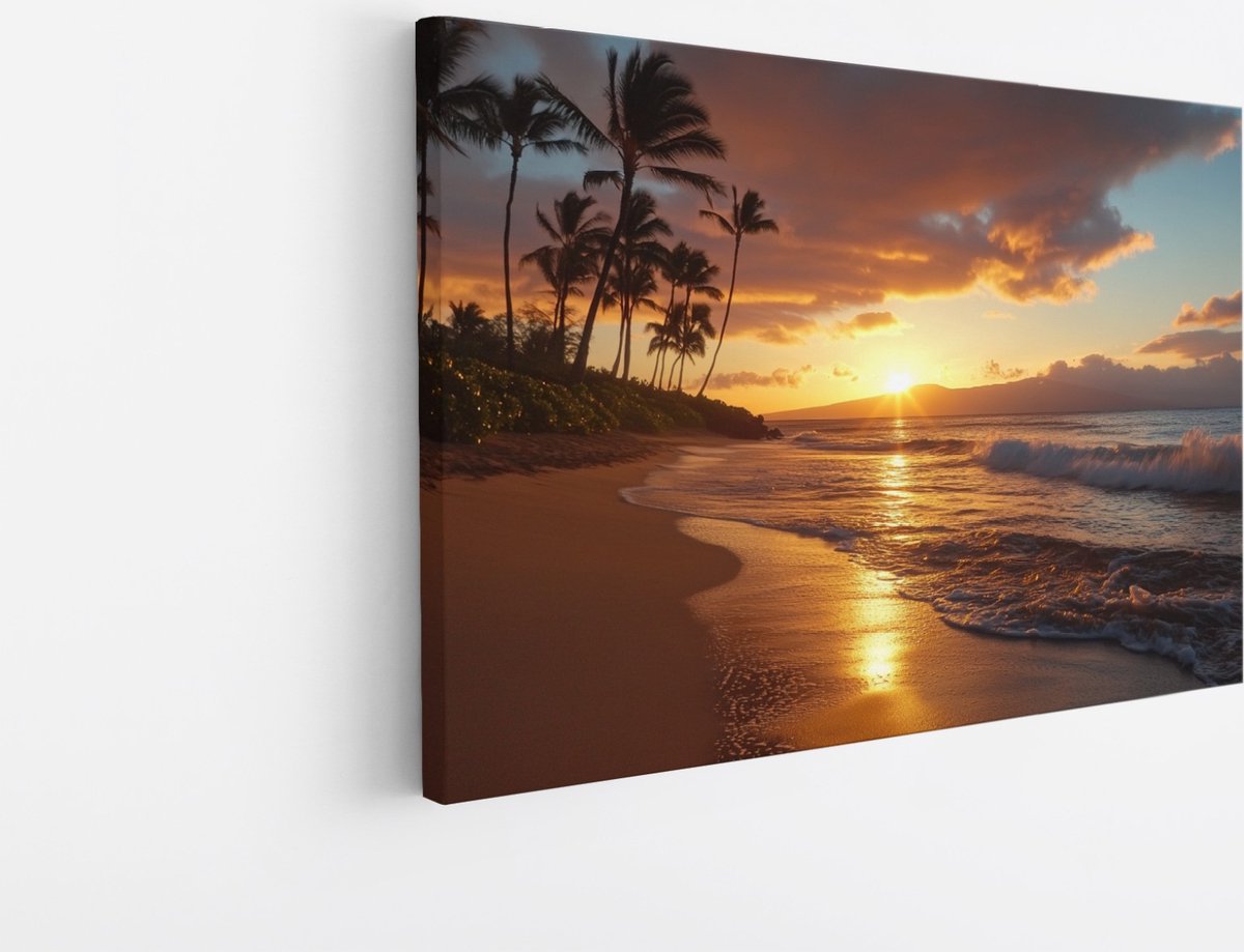 Saammp Canvas Schilderij - Strand Met Palmbomen - Zee - 40x30 - Foto op canvas - Wanddecoratie - muurdecoratie Woonkamer - Slaapkamer decoratie - Canvas Print Multicolor
