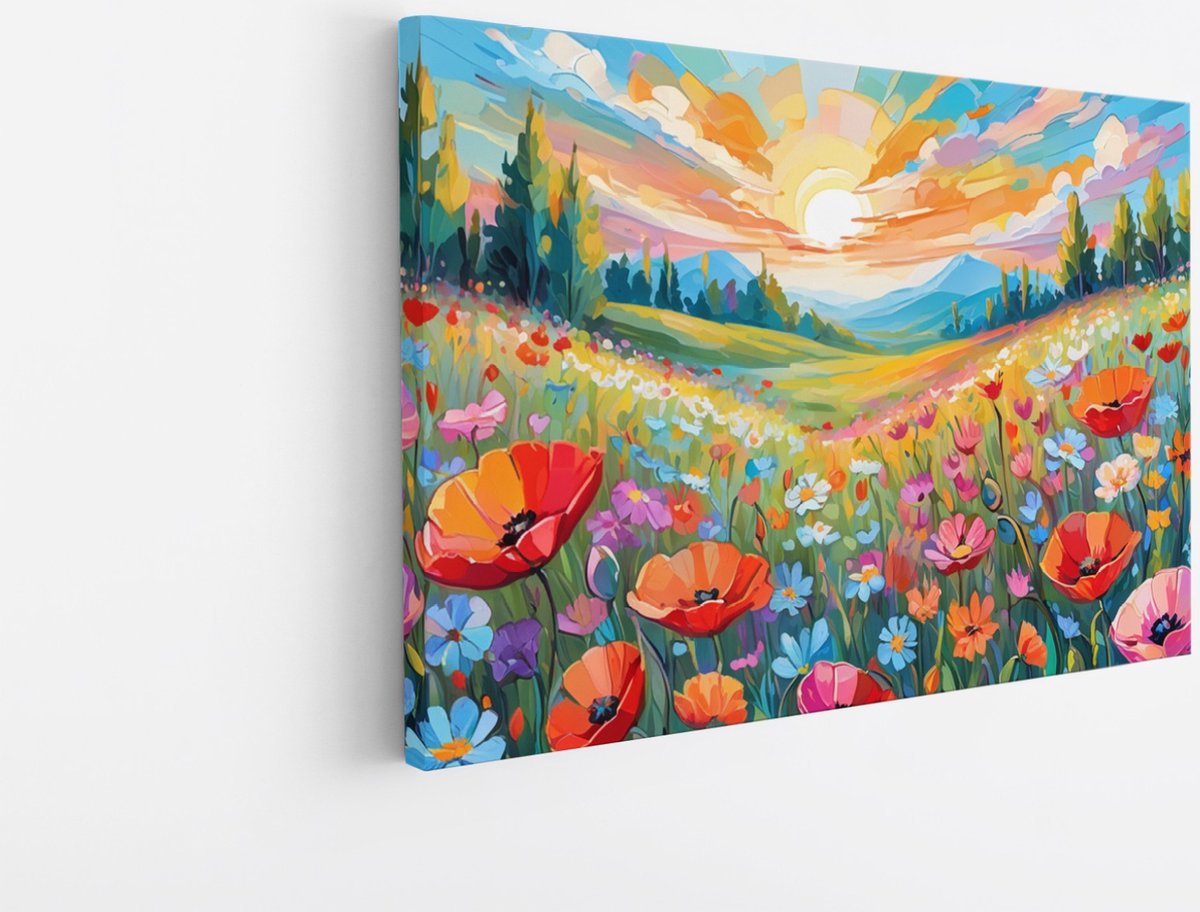 Saammp Canvas Schilderij - Bloemenveld met zonsondergang - Natuur - Landschap - 60x40 - Foto op canvas - Wanddecoratie - Muurdecoratie Woonkamer - Slaapkamer decoratie - Canvas Print Multicolor
